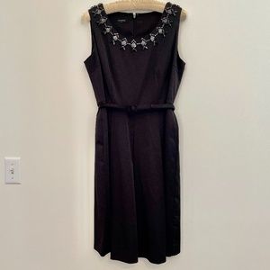 Talbots Black Satin Dress with Beaded Neckline and Satin Belt